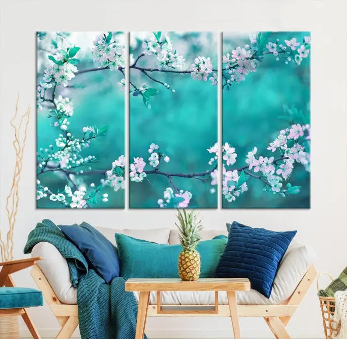 A living room enhanced by a gallery-wrapped "Blossoming Cherry in Spring" wall art canvas print. Enjoy this museum-quality piece with free shipping.