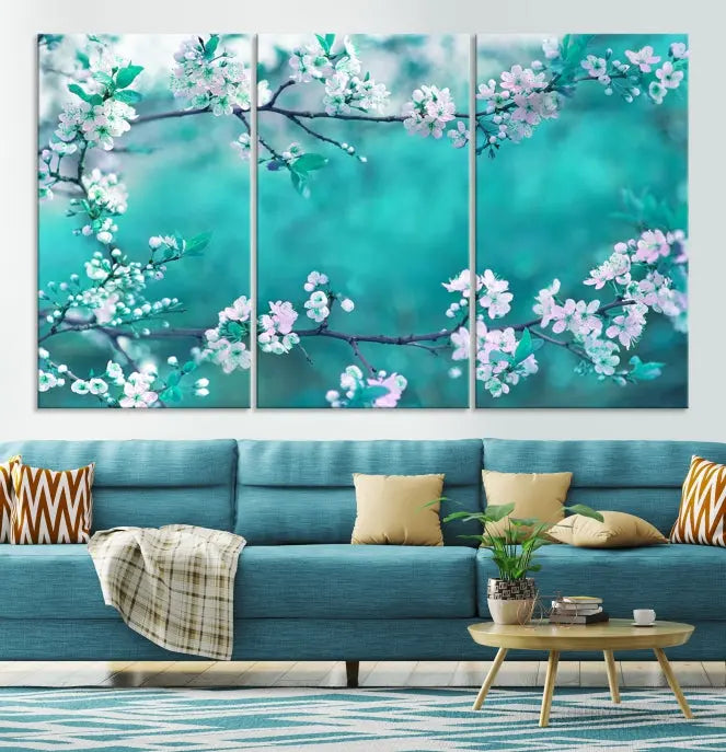 A living room enhanced by a gallery-wrapped "Blossoming Cherry in Spring" wall art canvas print. Enjoy this museum-quality piece with free shipping.