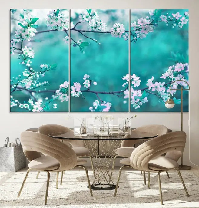 A living room enhanced by a gallery-wrapped "Blossoming Cherry in Spring" wall art canvas print. Enjoy this museum-quality piece with free shipping.