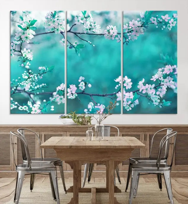 A living room enhanced by a gallery-wrapped "Blossoming Cherry in Spring" wall art canvas print. Enjoy this museum-quality piece with free shipping.