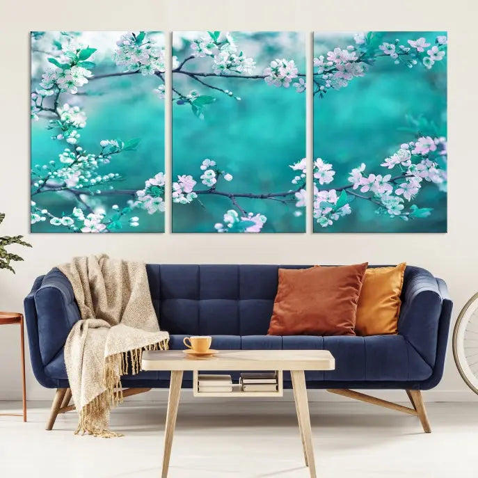 A living room enhanced by a gallery-wrapped "Blossoming Cherry in Spring" wall art canvas print. Enjoy this museum-quality piece with free shipping.