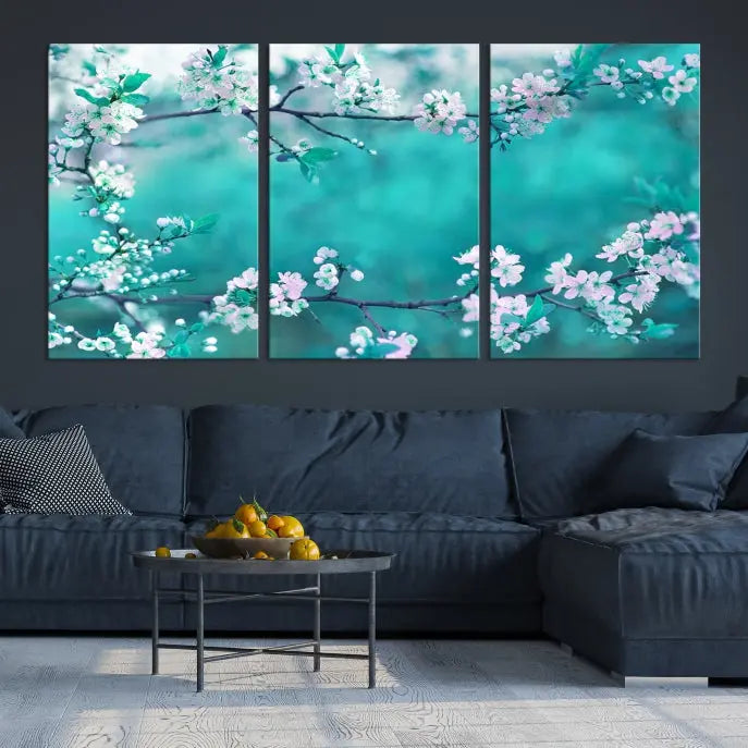 A living room enhanced by a gallery-wrapped "Blossoming Cherry in Spring" wall art canvas print. Enjoy this museum-quality piece with free shipping.