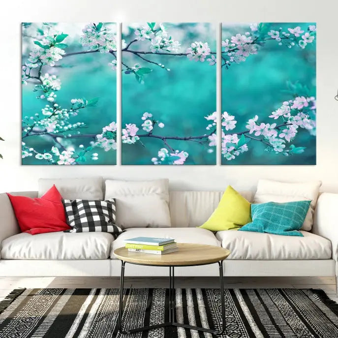 A living room enhanced by a gallery-wrapped "Blossoming Cherry in Spring" wall art canvas print. Enjoy this museum-quality piece with free shipping.