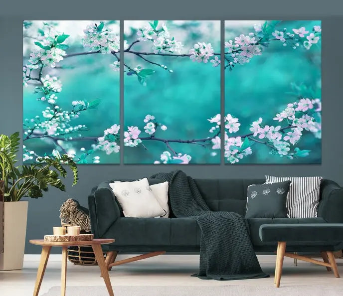 A living room enhanced by a gallery-wrapped "Blossoming Cherry in Spring" wall art canvas print. Enjoy this museum-quality piece with free shipping.