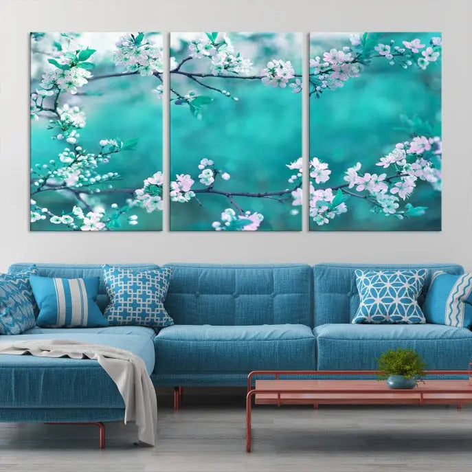 A living room enhanced by a gallery-wrapped "Blossoming Cherry in Spring" wall art canvas print. Enjoy this museum-quality piece with free shipping.