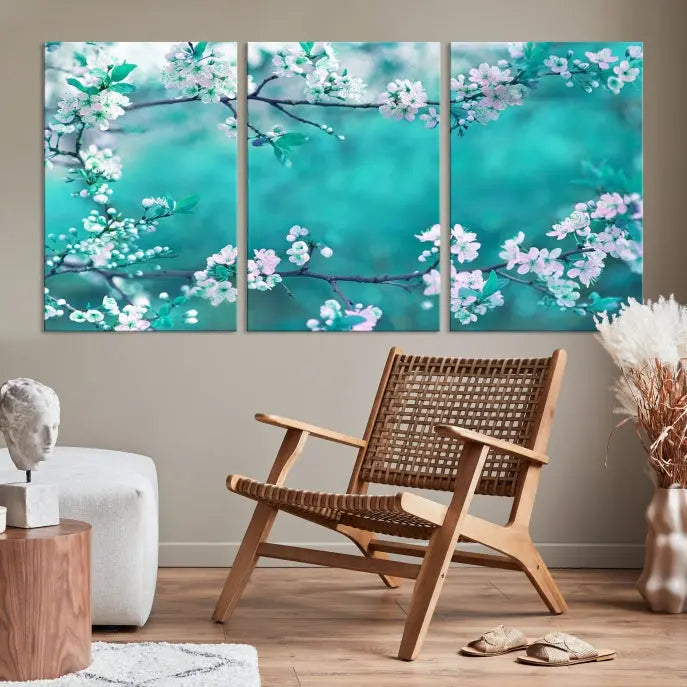 A living room enhanced by a gallery-wrapped "Blossoming Cherry in Spring" wall art canvas print. Enjoy this museum-quality piece with free shipping.