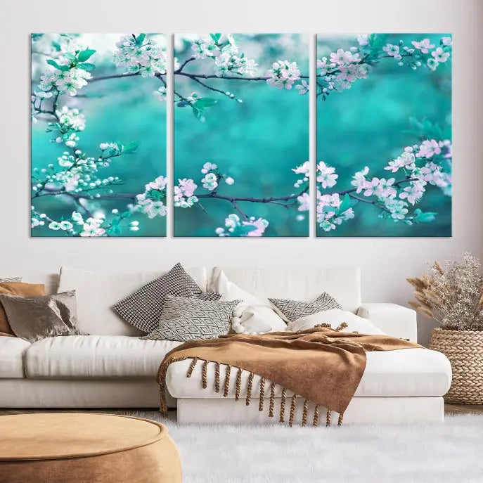 A living room enhanced by a gallery-wrapped "Blossoming Cherry in Spring" wall art canvas print. Enjoy this museum-quality piece with free shipping.