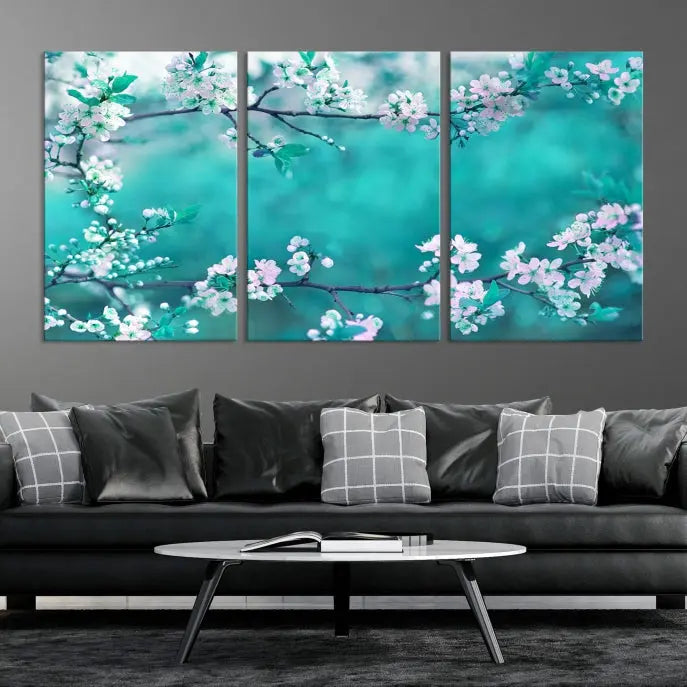 A living room enhanced by a gallery-wrapped "Blossoming Cherry in Spring" wall art canvas print. Enjoy this museum-quality piece with free shipping.