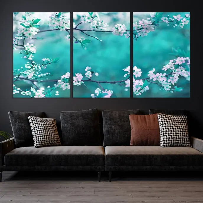 A living room enhanced by a gallery-wrapped "Blossoming Cherry in Spring" wall art canvas print. Enjoy this museum-quality piece with free shipping.