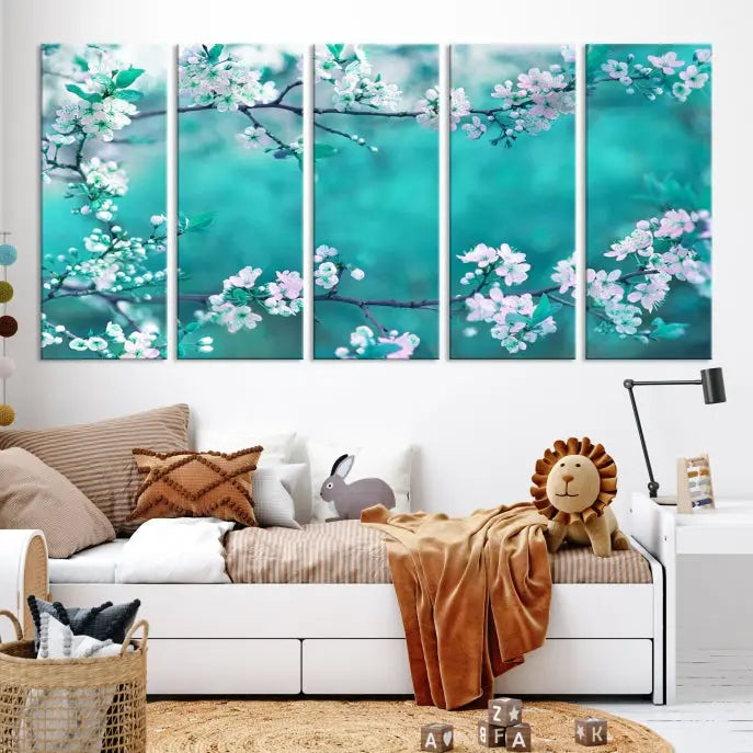 A living room enhanced by a gallery-wrapped "Blossoming Cherry in Spring" wall art canvas print. Enjoy this museum-quality piece with free shipping.