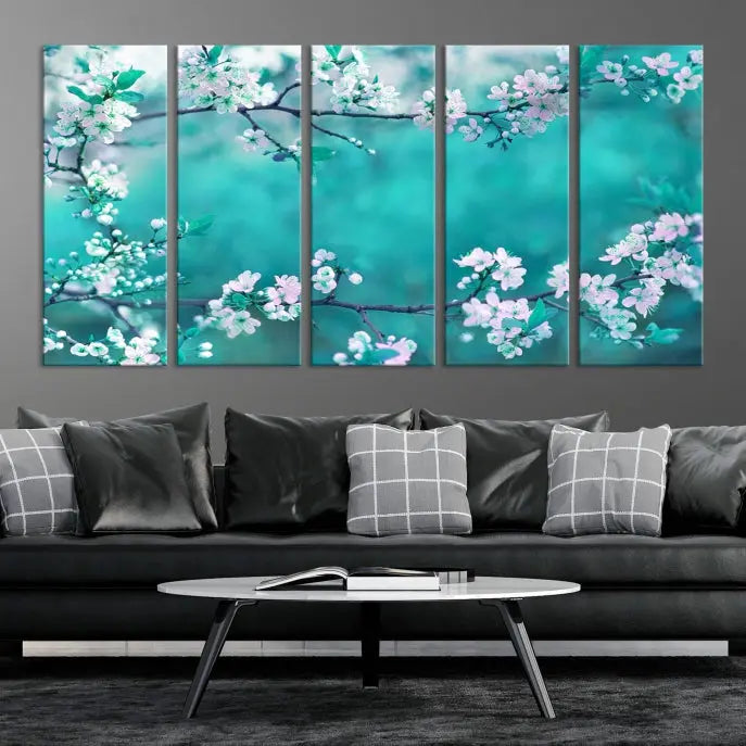 A living room enhanced by a gallery-wrapped "Blossoming Cherry in Spring" wall art canvas print. Enjoy this museum-quality piece with free shipping.