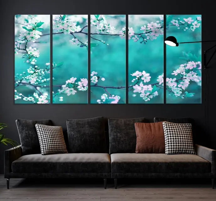 A living room enhanced by a gallery-wrapped "Blossoming Cherry in Spring" wall art canvas print. Enjoy this museum-quality piece with free shipping.