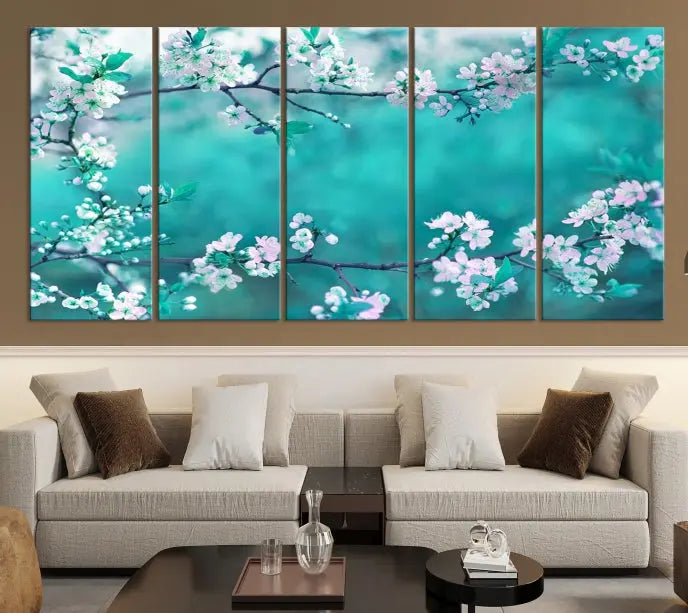 A living room enhanced by a gallery-wrapped "Blossoming Cherry in Spring" wall art canvas print. Enjoy this museum-quality piece with free shipping.