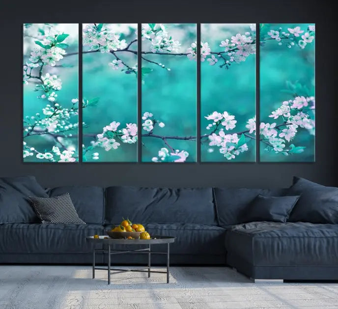 A living room enhanced by a gallery-wrapped "Blossoming Cherry in Spring" wall art canvas print. Enjoy this museum-quality piece with free shipping.