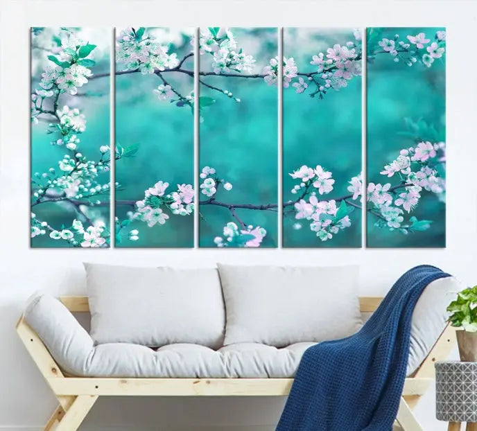 A living room enhanced by a gallery-wrapped "Blossoming Cherry in Spring" wall art canvas print. Enjoy this museum-quality piece with free shipping.