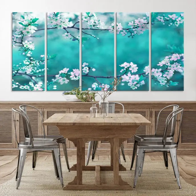 A living room enhanced by a gallery-wrapped "Blossoming Cherry in Spring" wall art canvas print. Enjoy this museum-quality piece with free shipping.