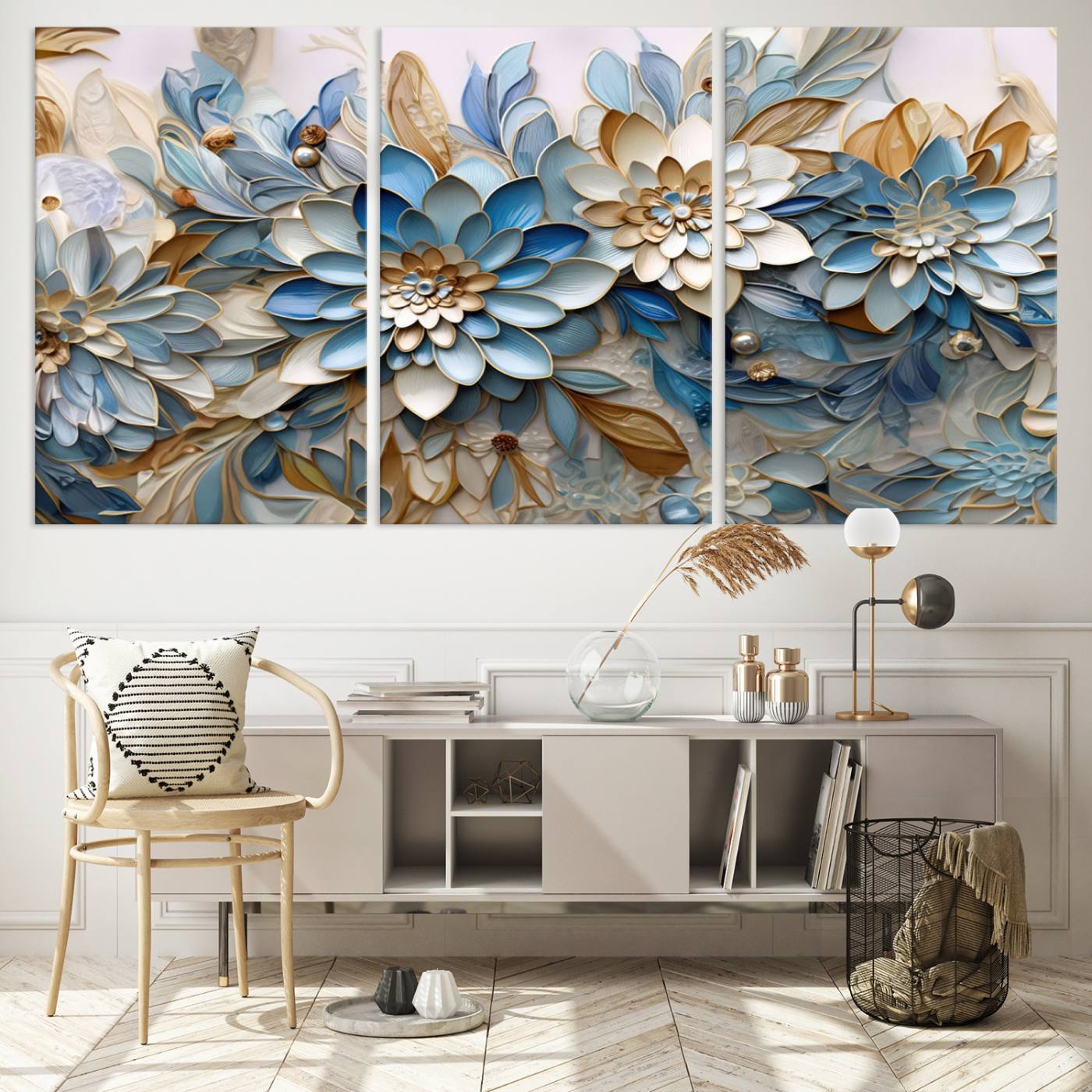 10625-MGV-CV-60X30-3P-Blu Abstract Flower Wall Art Canvas Print