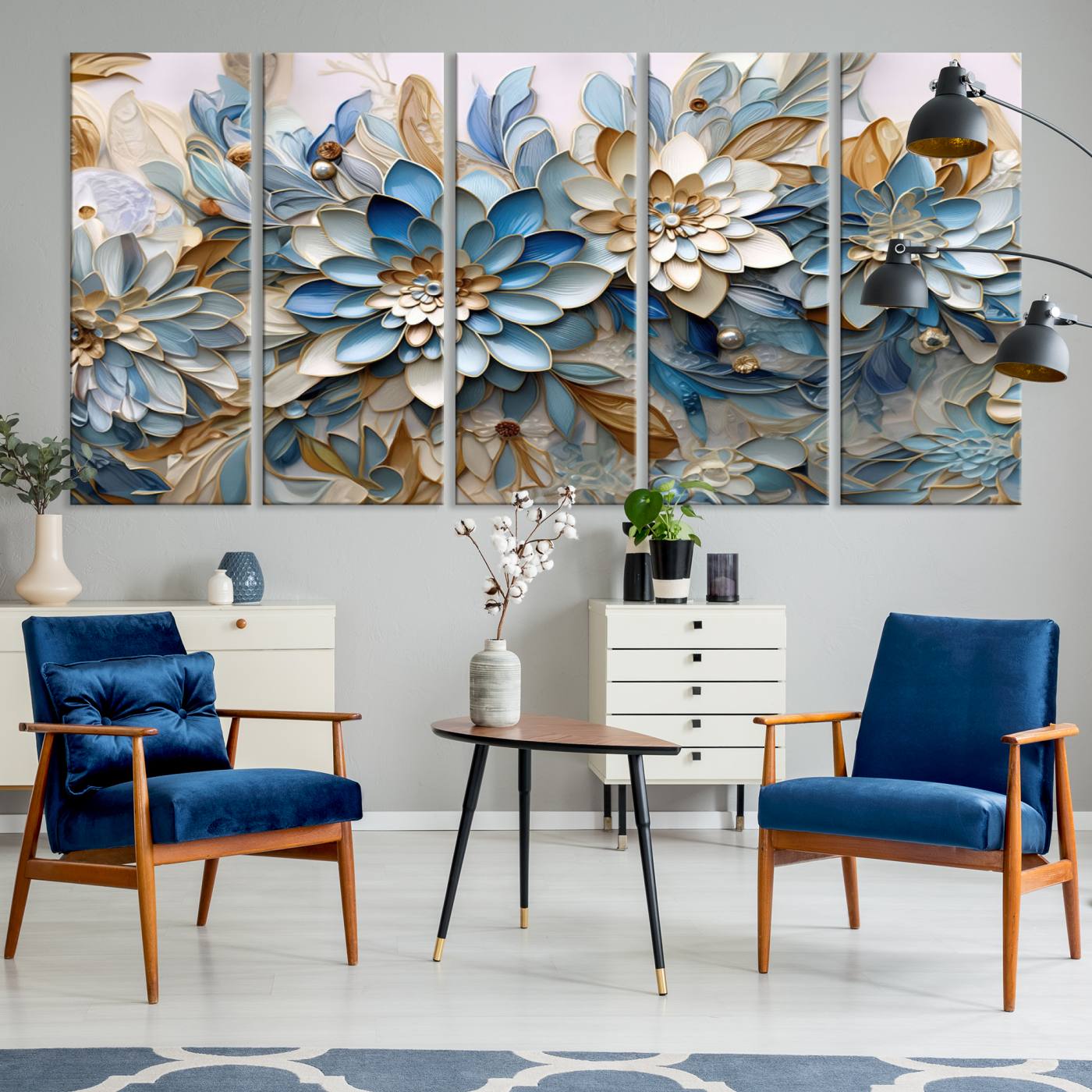 10625-MGV-CV-60X31-5P-Blu Abstract Flower Wall Art Canvas Print