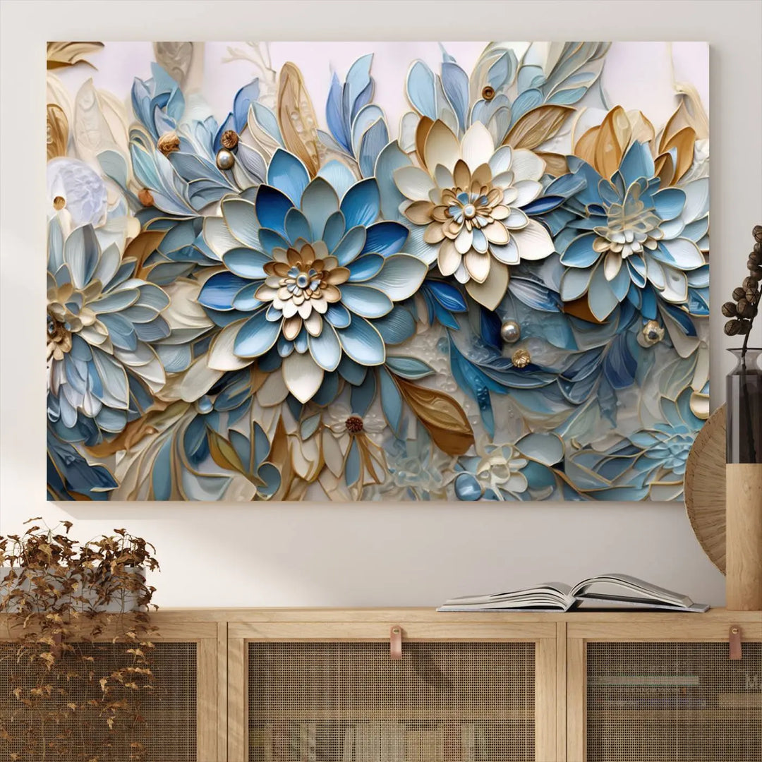 The Blu Abstract Flower Wall Art Canvas Print is a stunning triptych featuring blue and beige floral designs crafted on museum-quality canvas with high-resolution printing. This professionally hand-assembled masterpiece captures attention with its elegant artistry.