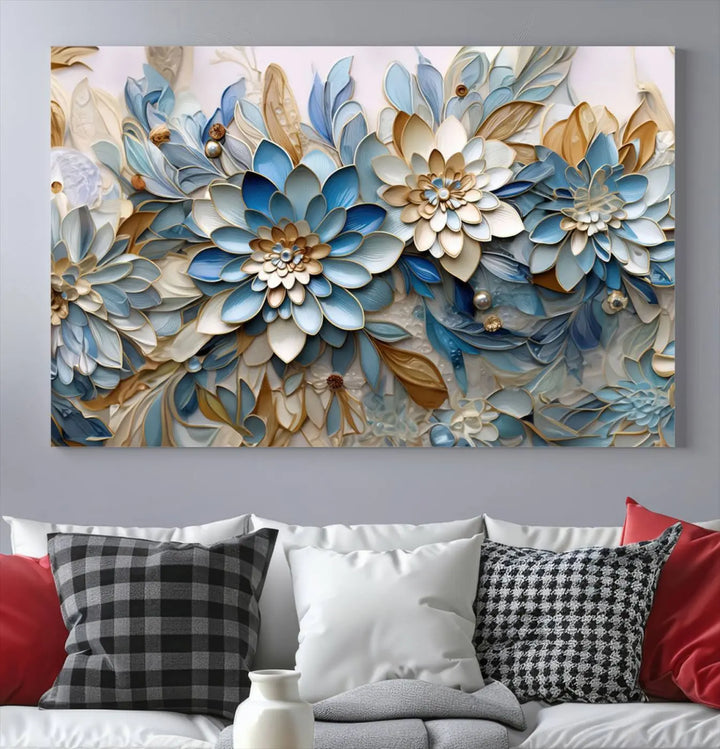 The Blu Abstract Flower Wall Art Canvas Print is a stunning triptych featuring blue and beige floral designs crafted on museum-quality canvas with high-resolution printing. This professionally hand-assembled masterpiece captures attention with its elegant artistry.