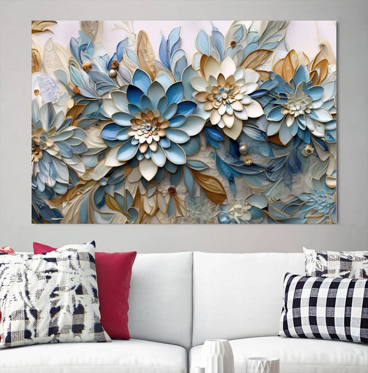 The Blu Abstract Flower Wall Art Canvas Print is a stunning triptych featuring blue and beige floral designs crafted on museum-quality canvas with high-resolution printing. This professionally hand-assembled masterpiece captures attention with its elegant artistry.