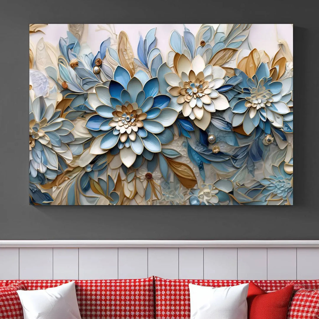 The Blu Abstract Flower Wall Art Canvas Print is a stunning triptych featuring blue and beige floral designs crafted on museum-quality canvas with high-resolution printing. This professionally hand-assembled masterpiece captures attention with its elegant artistry.