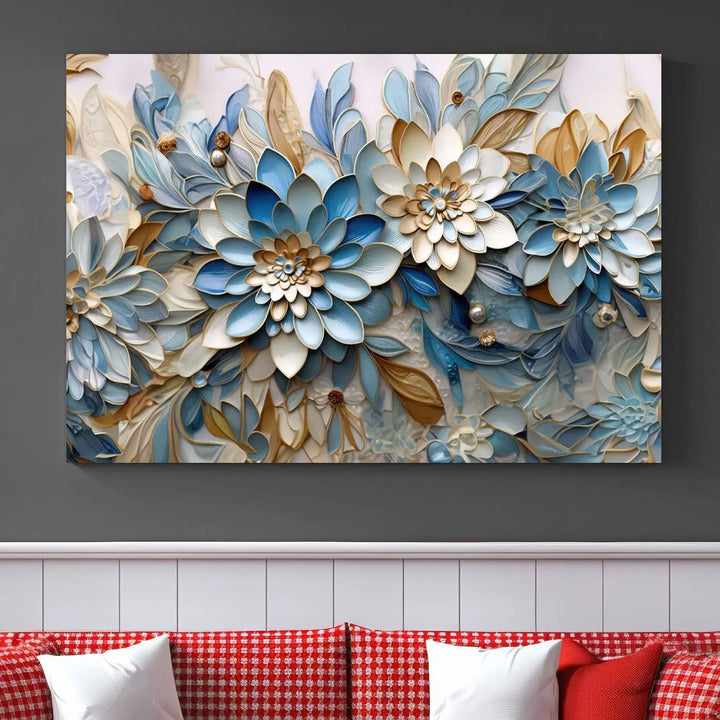 The Blu Abstract Flower Wall Art Canvas Print is a stunning triptych featuring blue and beige floral designs crafted on museum-quality canvas with high-resolution printing. This professionally hand-assembled masterpiece captures attention with its elegant artistry.