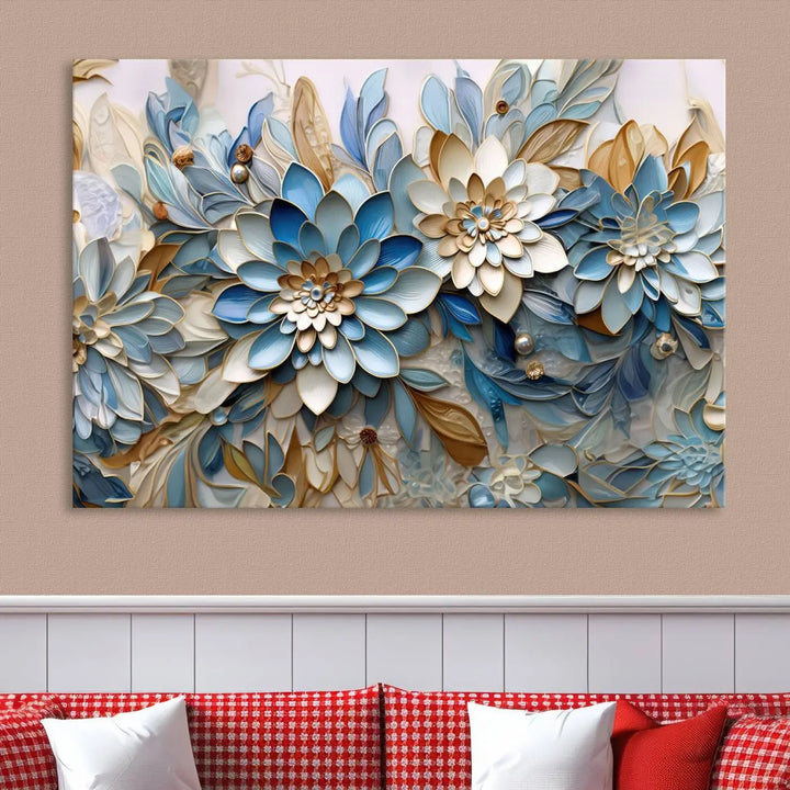 The Blu Abstract Flower Wall Art Canvas Print is a stunning triptych featuring blue and beige floral designs crafted on museum-quality canvas with high-resolution printing. This professionally hand-assembled masterpiece captures attention with its elegant artistry.