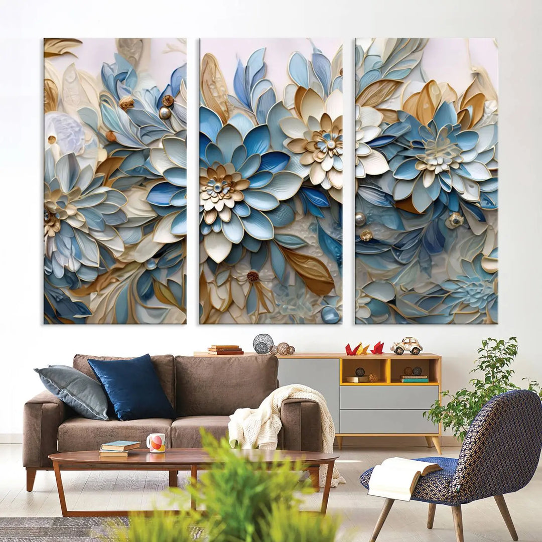 The Blu Abstract Flower Wall Art Canvas Print is a stunning triptych featuring blue and beige floral designs crafted on museum-quality canvas with high-resolution printing. This professionally hand-assembled masterpiece captures attention with its elegant artistry.