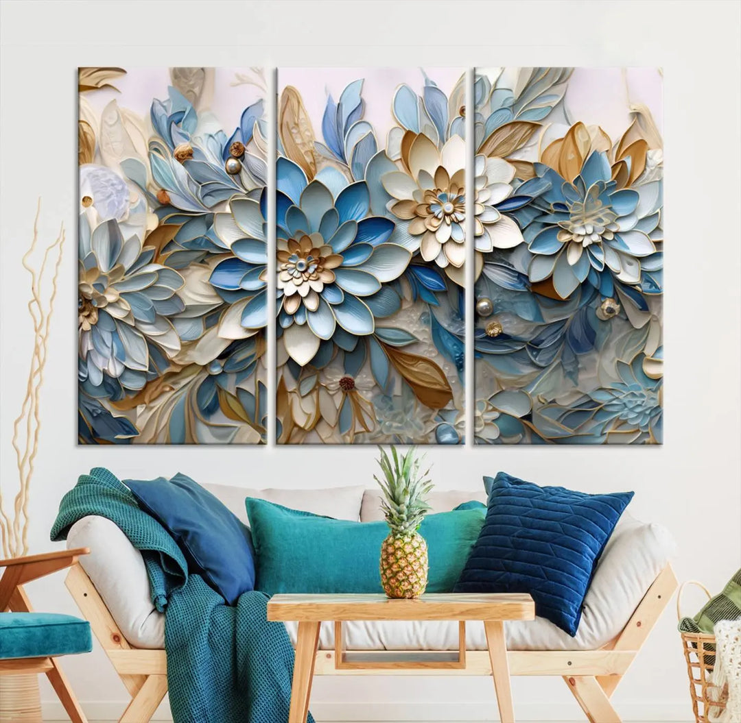 The Blu Abstract Flower Wall Art Canvas Print is a stunning triptych featuring blue and beige floral designs crafted on museum-quality canvas with high-resolution printing. This professionally hand-assembled masterpiece captures attention with its elegant artistry.