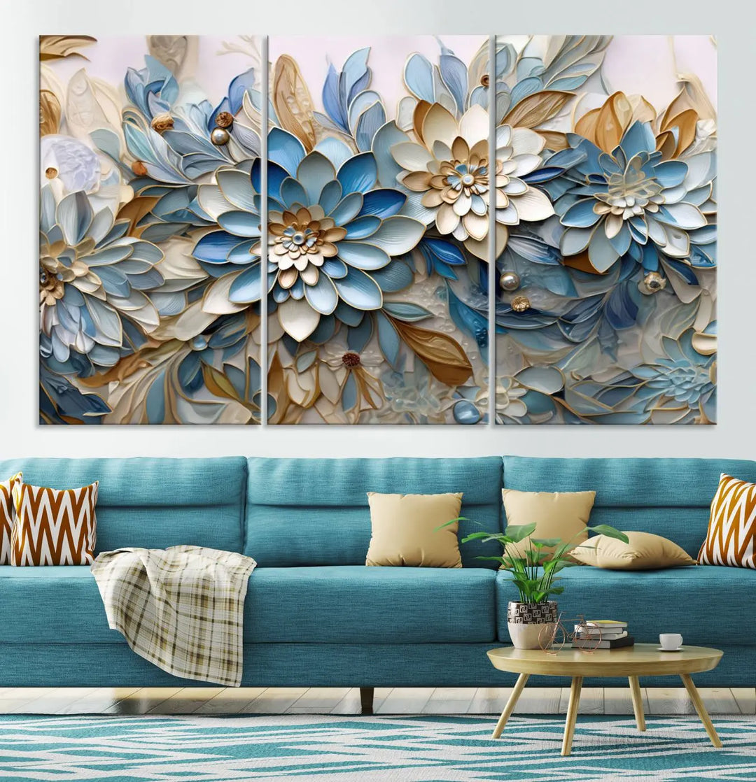 The Blu Abstract Flower Wall Art Canvas Print is a stunning triptych featuring blue and beige floral designs crafted on museum-quality canvas with high-resolution printing. This professionally hand-assembled masterpiece captures attention with its elegant artistry.