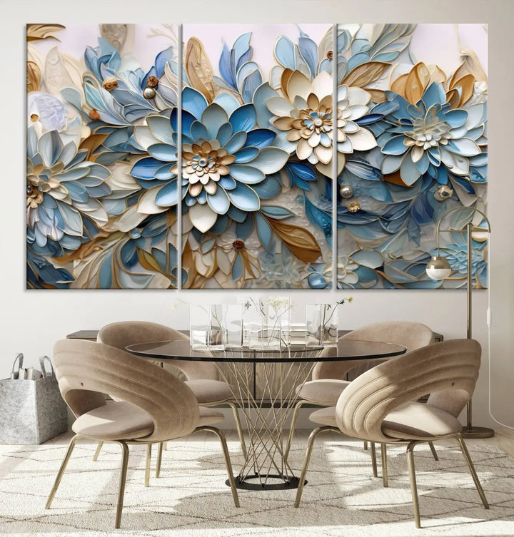 The Blu Abstract Flower Wall Art Canvas Print is a stunning triptych featuring blue and beige floral designs crafted on museum-quality canvas with high-resolution printing. This professionally hand-assembled masterpiece captures attention with its elegant artistry.