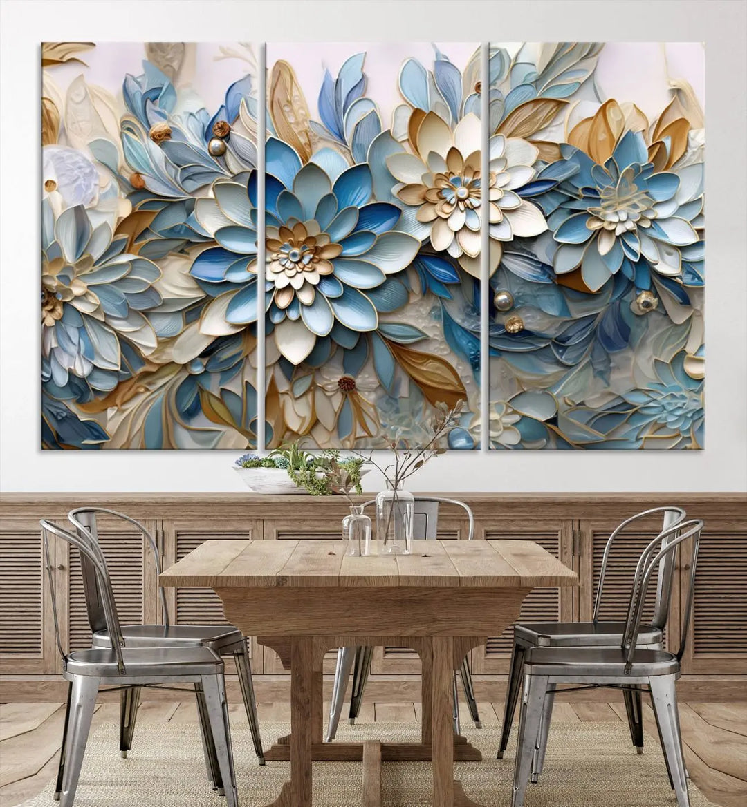 The Blu Abstract Flower Wall Art Canvas Print is a stunning triptych featuring blue and beige floral designs crafted on museum-quality canvas with high-resolution printing. This professionally hand-assembled masterpiece captures attention with its elegant artistry.