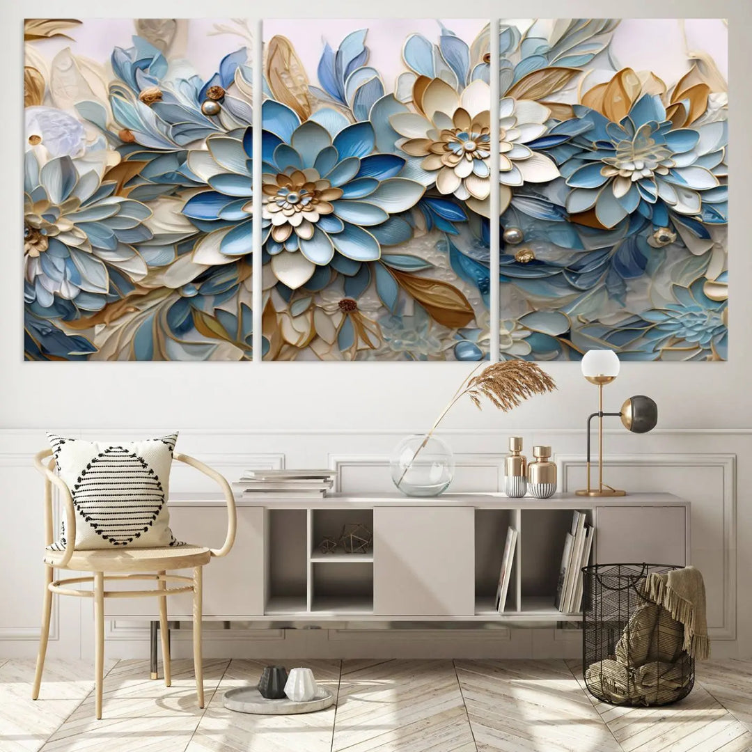 The Blu Abstract Flower Wall Art Canvas Print is a stunning triptych featuring blue and beige floral designs crafted on museum-quality canvas with high-resolution printing. This professionally hand-assembled masterpiece captures attention with its elegant artistry.