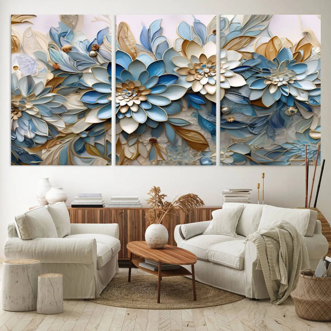 The Blu Abstract Flower Wall Art Canvas Print is a stunning triptych featuring blue and beige floral designs crafted on museum-quality canvas with high-resolution printing. This professionally hand-assembled masterpiece captures attention with its elegant artistry.