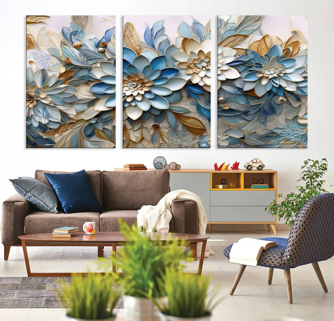 The Blu Abstract Flower Wall Art Canvas Print is a stunning triptych featuring blue and beige floral designs crafted on museum-quality canvas with high-resolution printing. This professionally hand-assembled masterpiece captures attention with its elegant artistry.