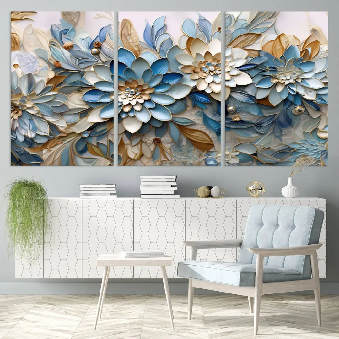 The Blu Abstract Flower Wall Art Canvas Print is a stunning triptych featuring blue and beige floral designs crafted on museum-quality canvas with high-resolution printing. This professionally hand-assembled masterpiece captures attention with its elegant artistry.