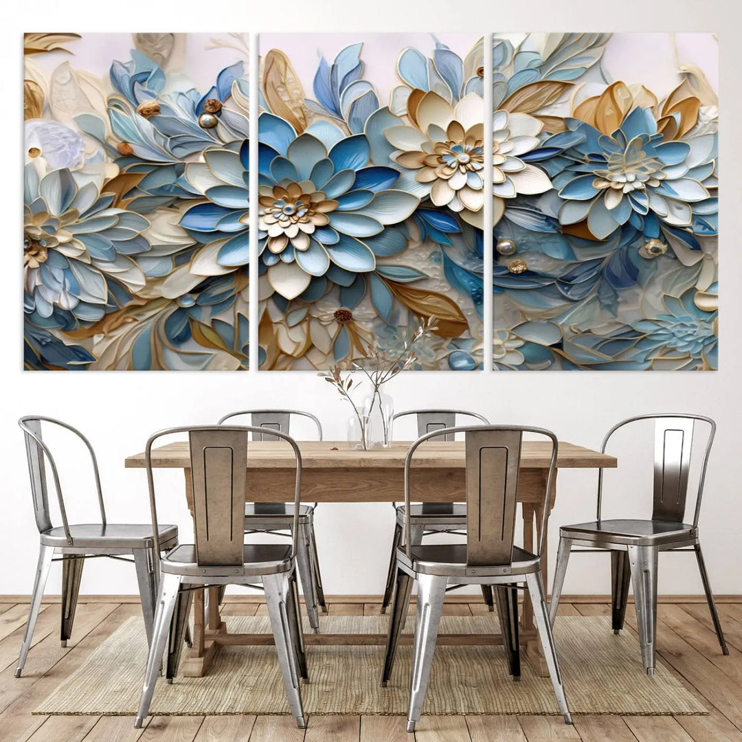 The Blu Abstract Flower Wall Art Canvas Print is a stunning triptych featuring blue and beige floral designs crafted on museum-quality canvas with high-resolution printing. This professionally hand-assembled masterpiece captures attention with its elegant artistry.