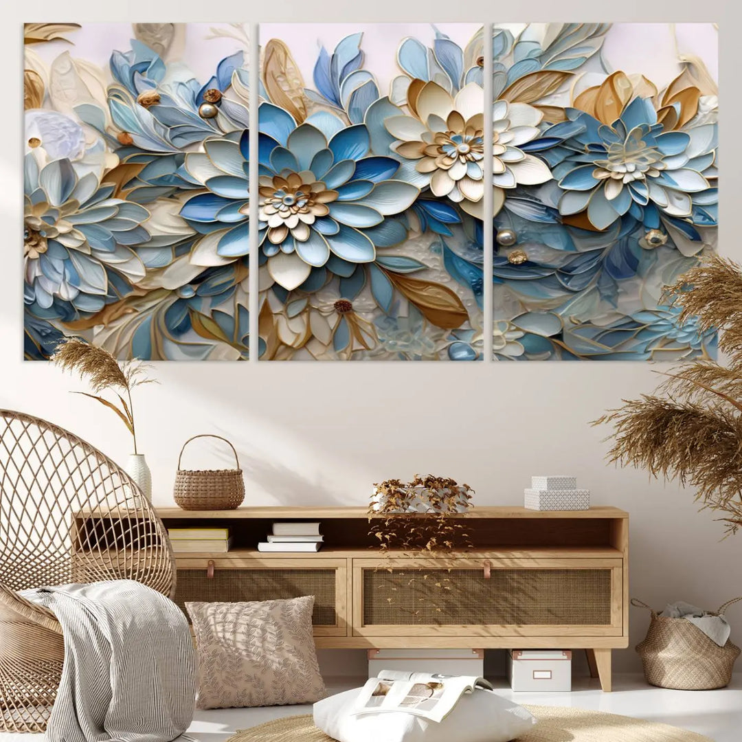 The Blu Abstract Flower Wall Art Canvas Print is a stunning triptych featuring blue and beige floral designs crafted on museum-quality canvas with high-resolution printing. This professionally hand-assembled masterpiece captures attention with its elegant artistry.