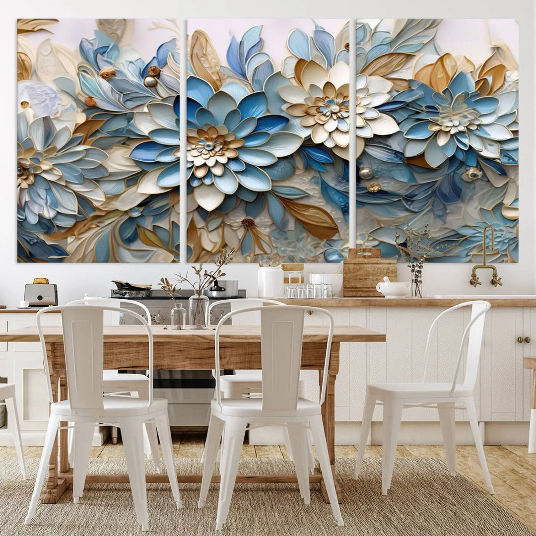 The Blu Abstract Flower Wall Art Canvas Print is a stunning triptych featuring blue and beige floral designs crafted on museum-quality canvas with high-resolution printing. This professionally hand-assembled masterpiece captures attention with its elegant artistry.