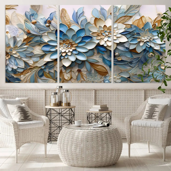 The Blu Abstract Flower Wall Art Canvas Print is a stunning triptych featuring blue and beige floral designs crafted on museum-quality canvas with high-resolution printing. This professionally hand-assembled masterpiece captures attention with its elegant artistry.