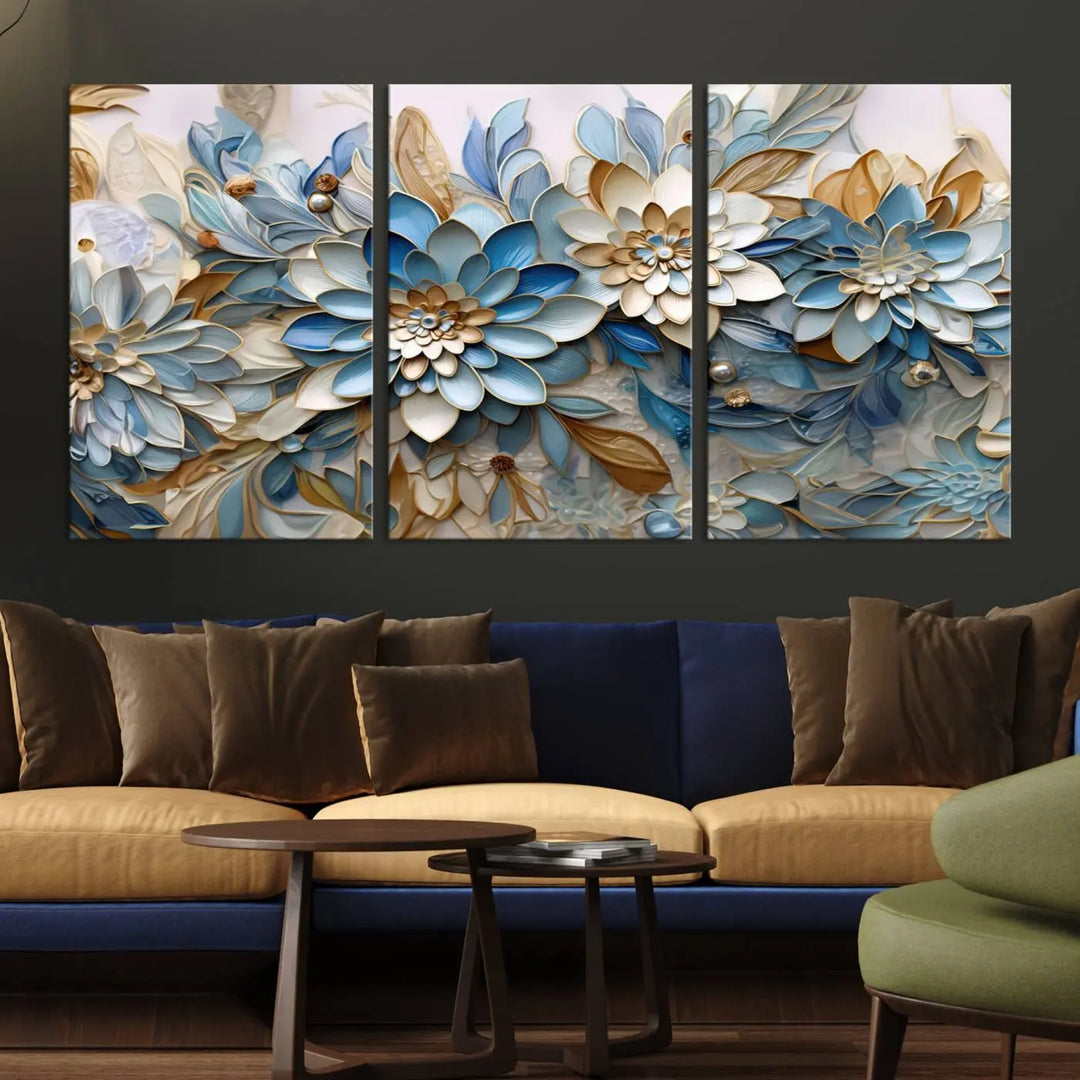 The Blu Abstract Flower Wall Art Canvas Print is a stunning triptych featuring blue and beige floral designs crafted on museum-quality canvas with high-resolution printing. This professionally hand-assembled masterpiece captures attention with its elegant artistry.