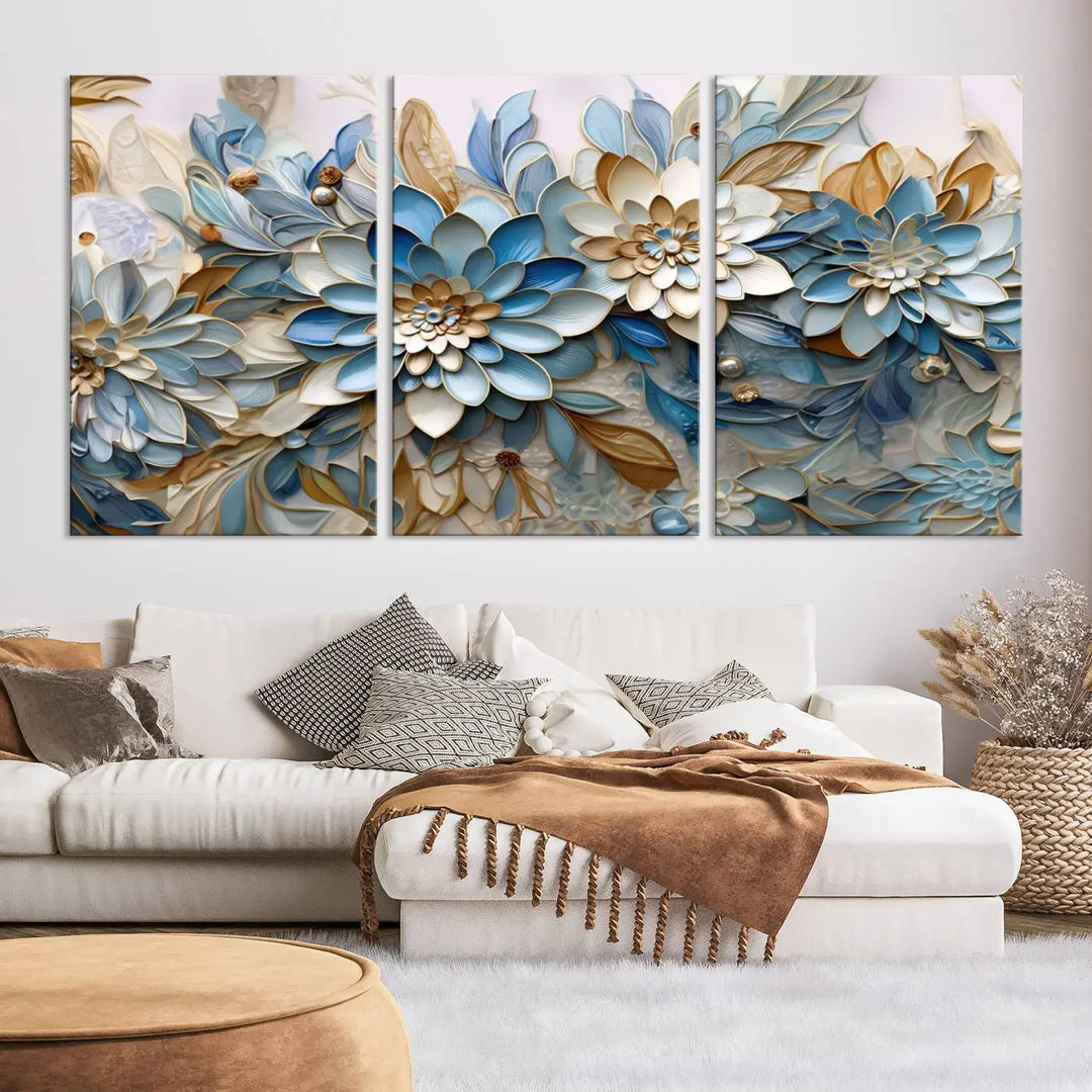 The Blu Abstract Flower Wall Art Canvas Print is a stunning triptych featuring blue and beige floral designs crafted on museum-quality canvas with high-resolution printing. This professionally hand-assembled masterpiece captures attention with its elegant artistry.