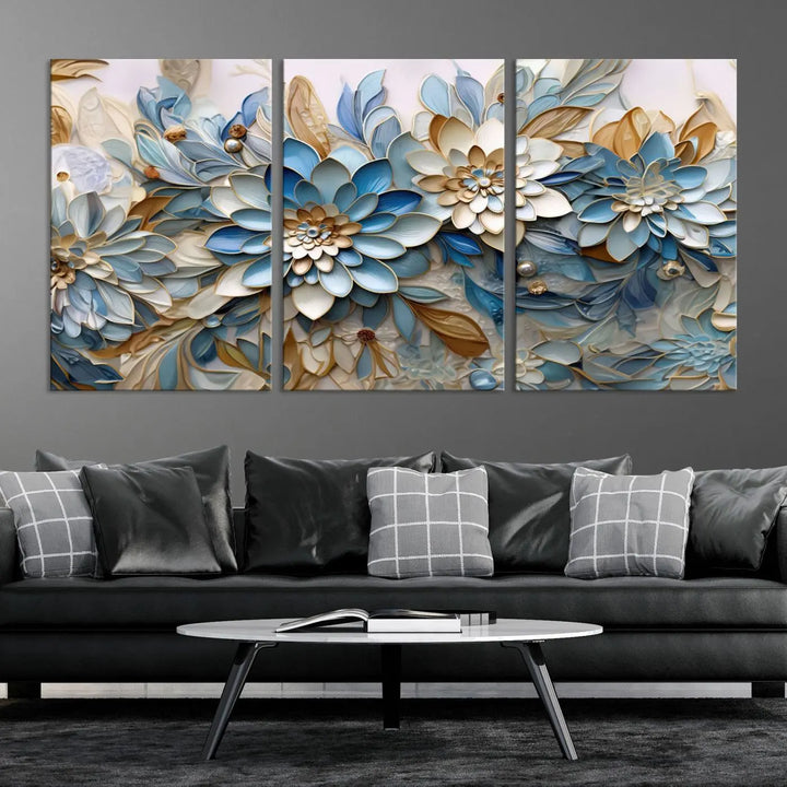 The Blu Abstract Flower Wall Art Canvas Print is a stunning triptych featuring blue and beige floral designs crafted on museum-quality canvas with high-resolution printing. This professionally hand-assembled masterpiece captures attention with its elegant artistry.