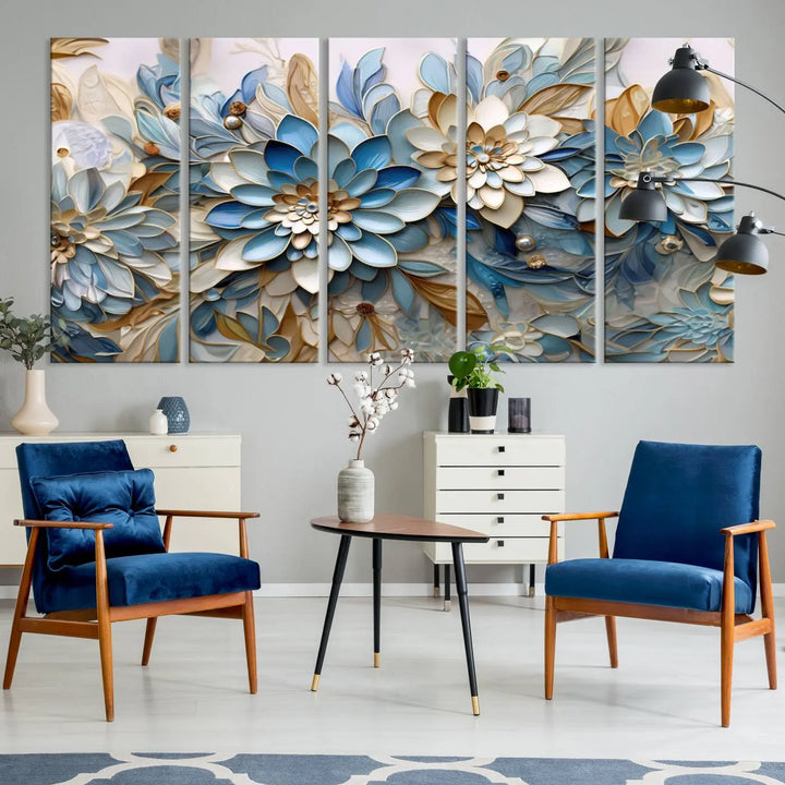 The Blu Abstract Flower Wall Art Canvas Print is a stunning triptych featuring blue and beige floral designs crafted on museum-quality canvas with high-resolution printing. This professionally hand-assembled masterpiece captures attention with its elegant artistry.