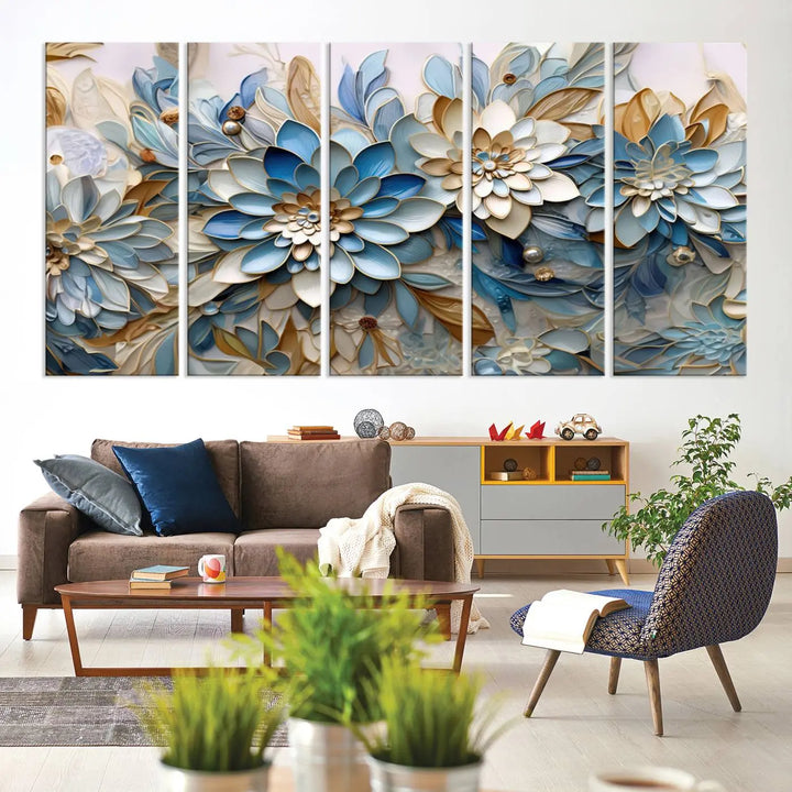 The Blu Abstract Flower Wall Art Canvas Print is a stunning triptych featuring blue and beige floral designs crafted on museum-quality canvas with high-resolution printing. This professionally hand-assembled masterpiece captures attention with its elegant artistry.