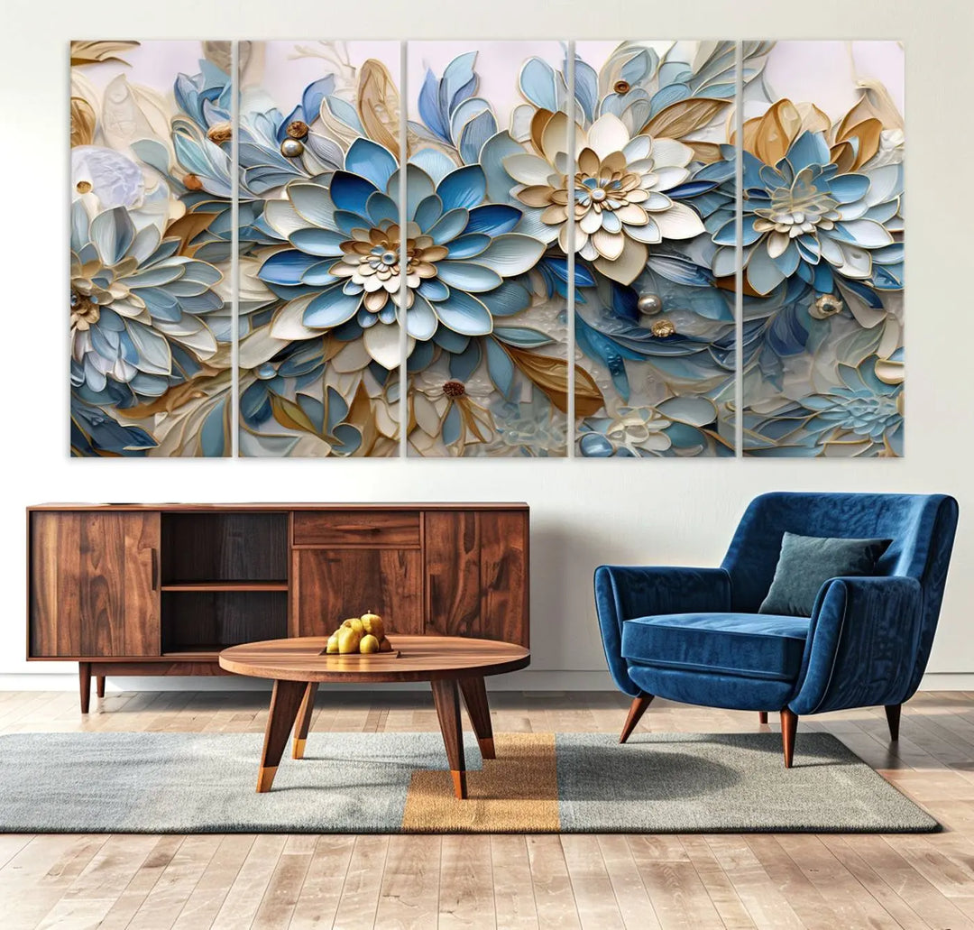 The Blu Abstract Flower Wall Art Canvas Print is a stunning triptych featuring blue and beige floral designs crafted on museum-quality canvas with high-resolution printing. This professionally hand-assembled masterpiece captures attention with its elegant artistry.