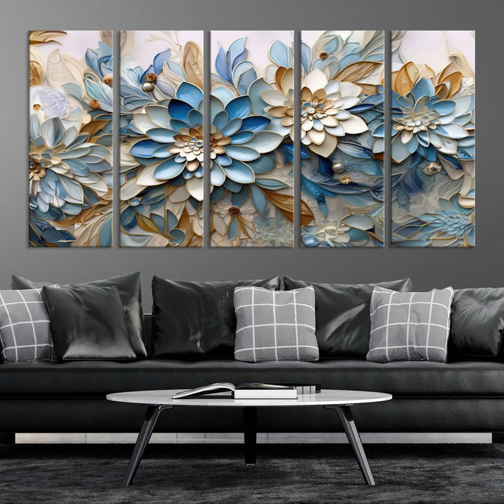 The Blu Abstract Flower Wall Art Canvas Print is a stunning triptych featuring blue and beige floral designs crafted on museum-quality canvas with high-resolution printing. This professionally hand-assembled masterpiece captures attention with its elegant artistry.