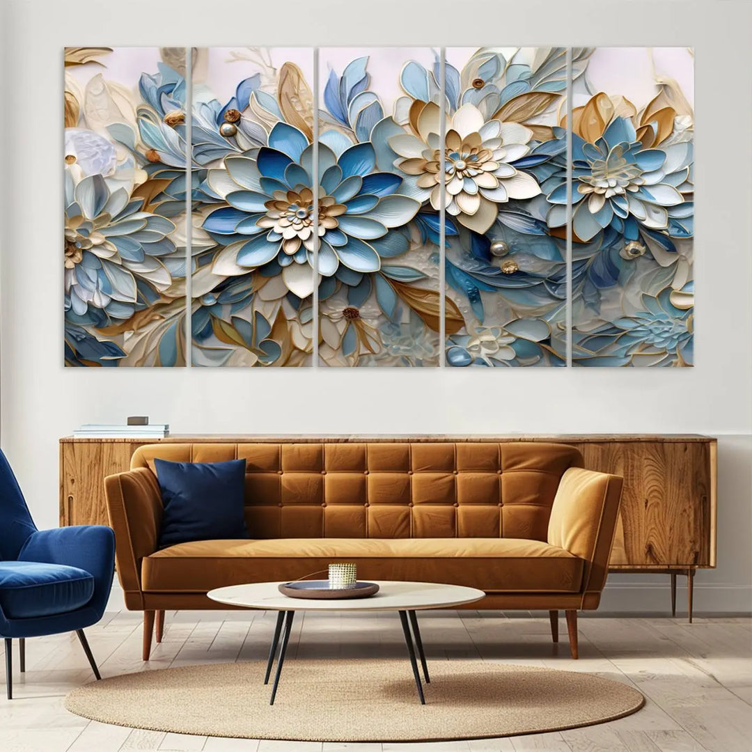 The Blu Abstract Flower Wall Art Canvas Print is a stunning triptych featuring blue and beige floral designs crafted on museum-quality canvas with high-resolution printing. This professionally hand-assembled masterpiece captures attention with its elegant artistry.