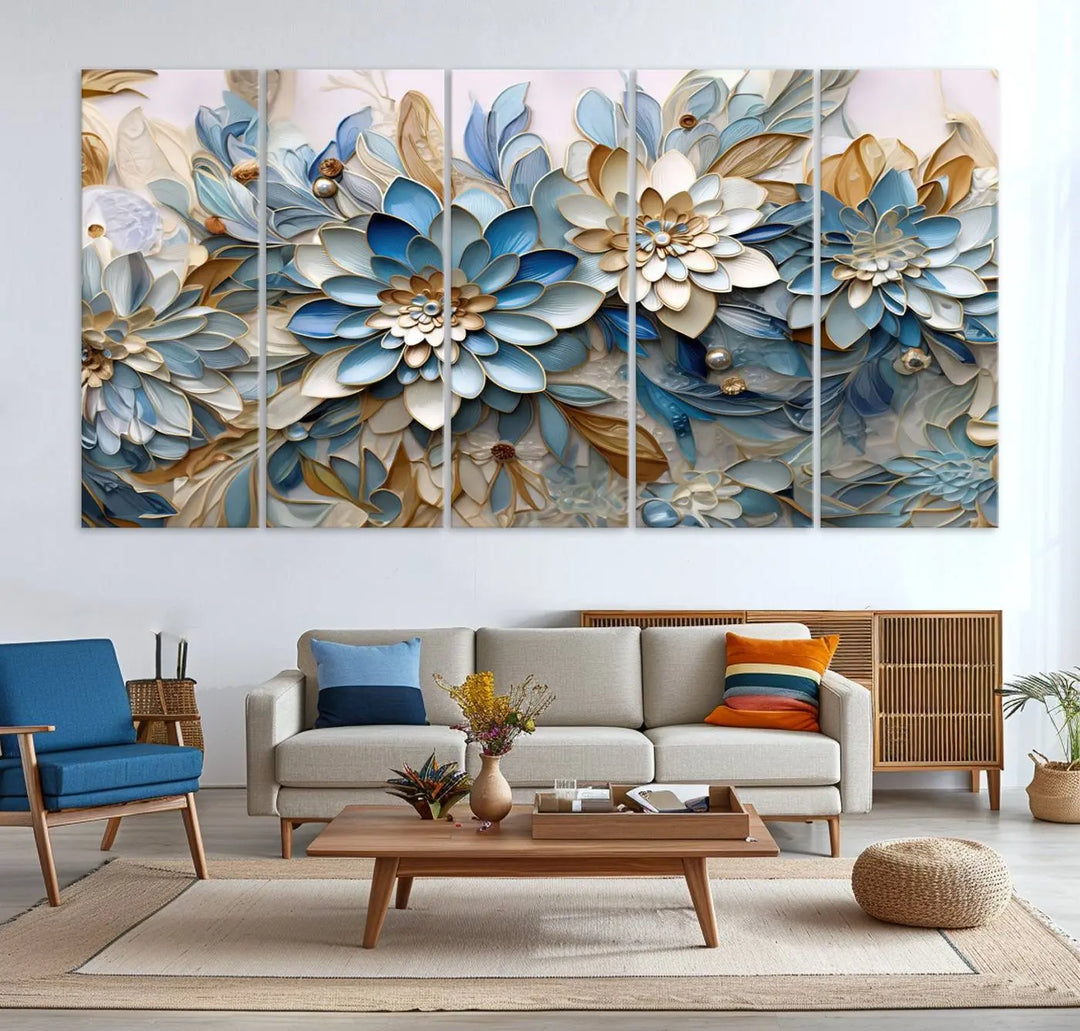 The Blu Abstract Flower Wall Art Canvas Print is a stunning triptych featuring blue and beige floral designs crafted on museum-quality canvas with high-resolution printing. This professionally hand-assembled masterpiece captures attention with its elegant artistry.